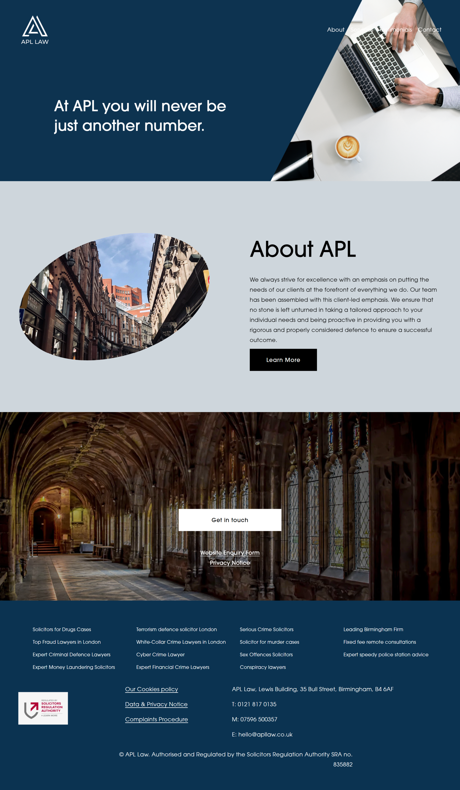 APL Law BEFORE — outdated template with no clear hero, weak CTA, and hidden phone number.
